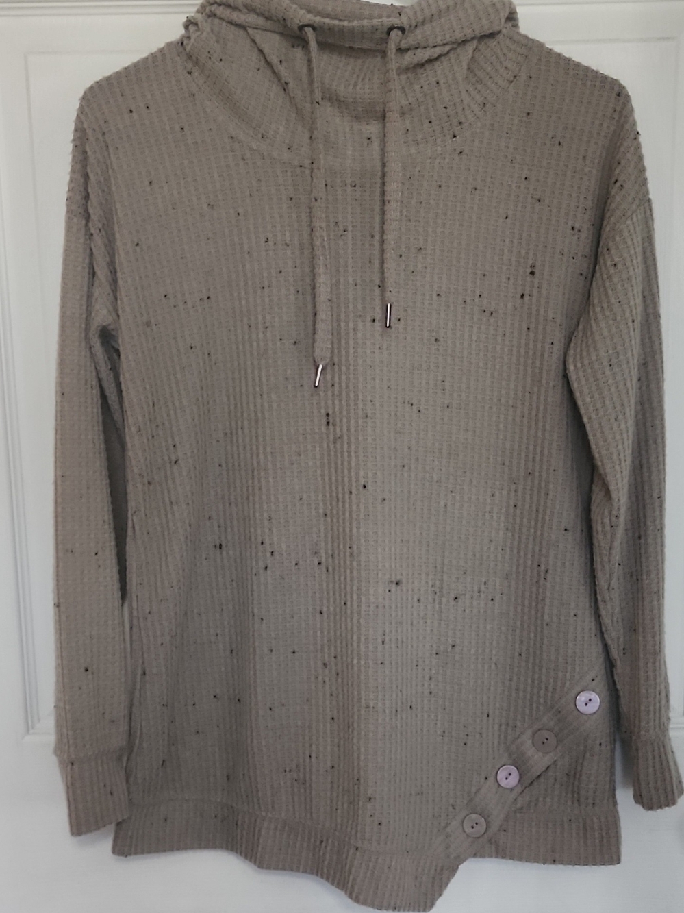 Womens's Taupe (Not A Hood) Waffle-Knit Sweater with Button Detail